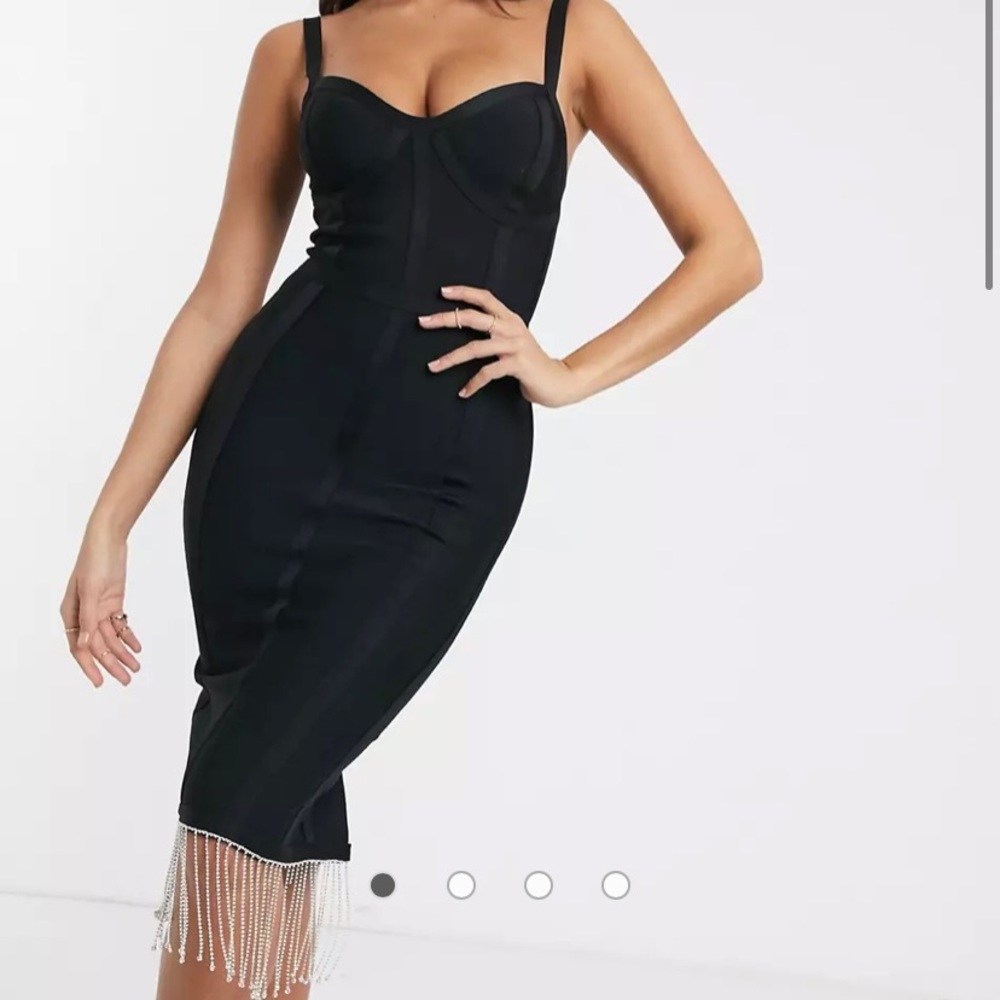 Black bandage midi bodycon w/ rhinestone hem